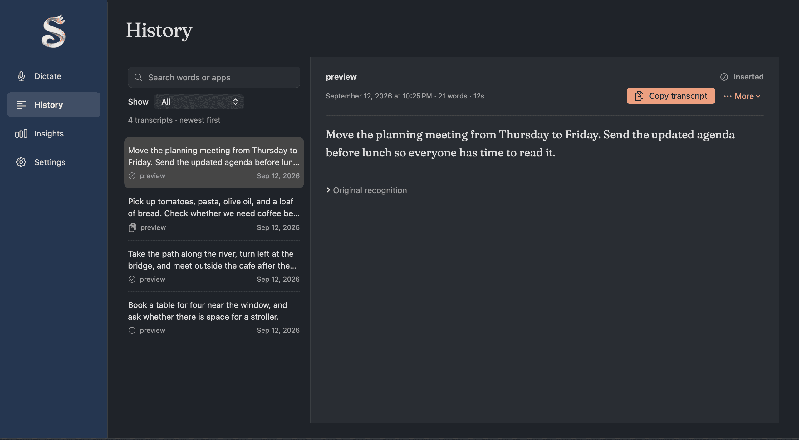 Steno’s History view in the dark appearance, with a list of transcripts and one selected entry showing copy controls.