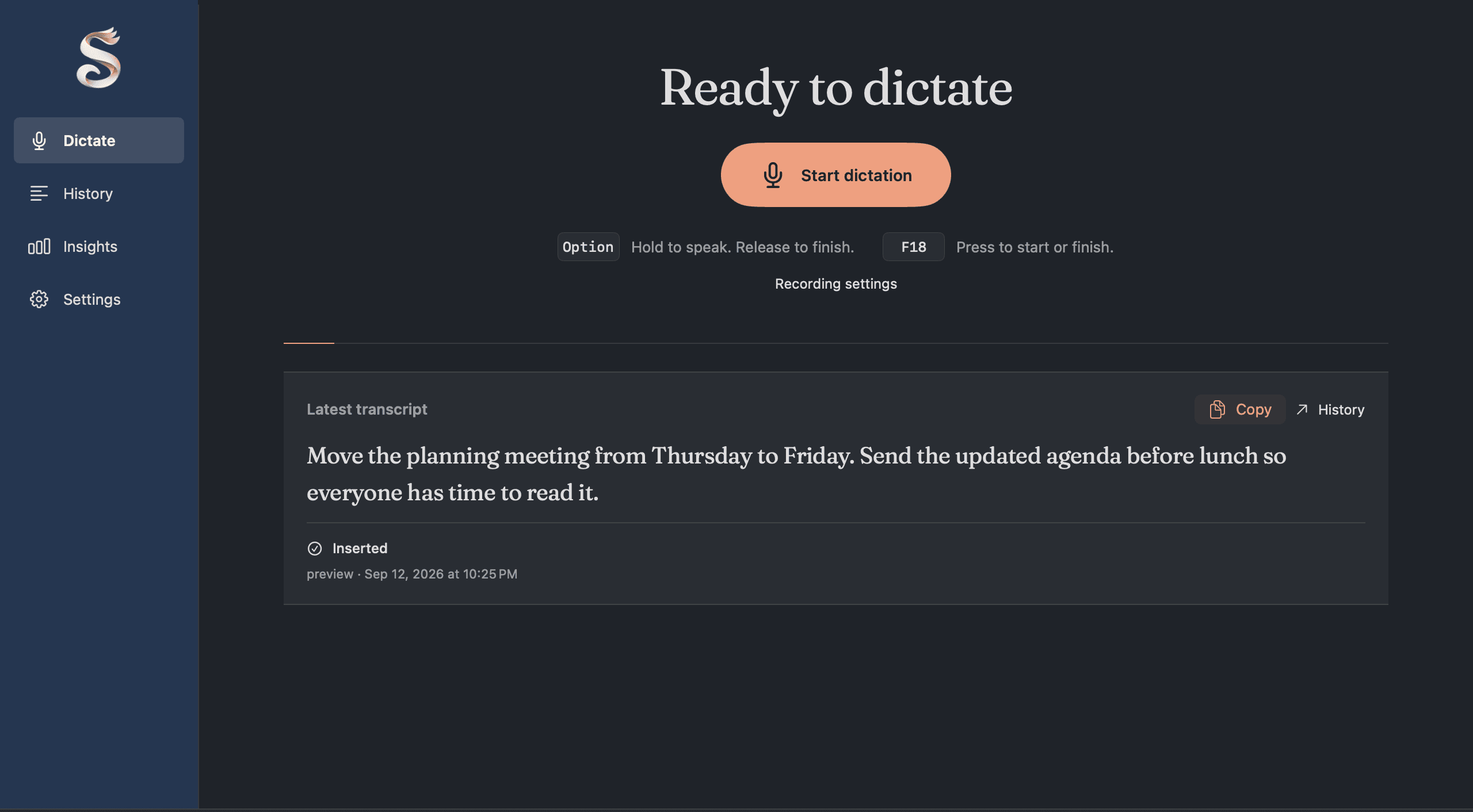 Steno’s Dictate view with a Start dictation control and the latest transcript.
