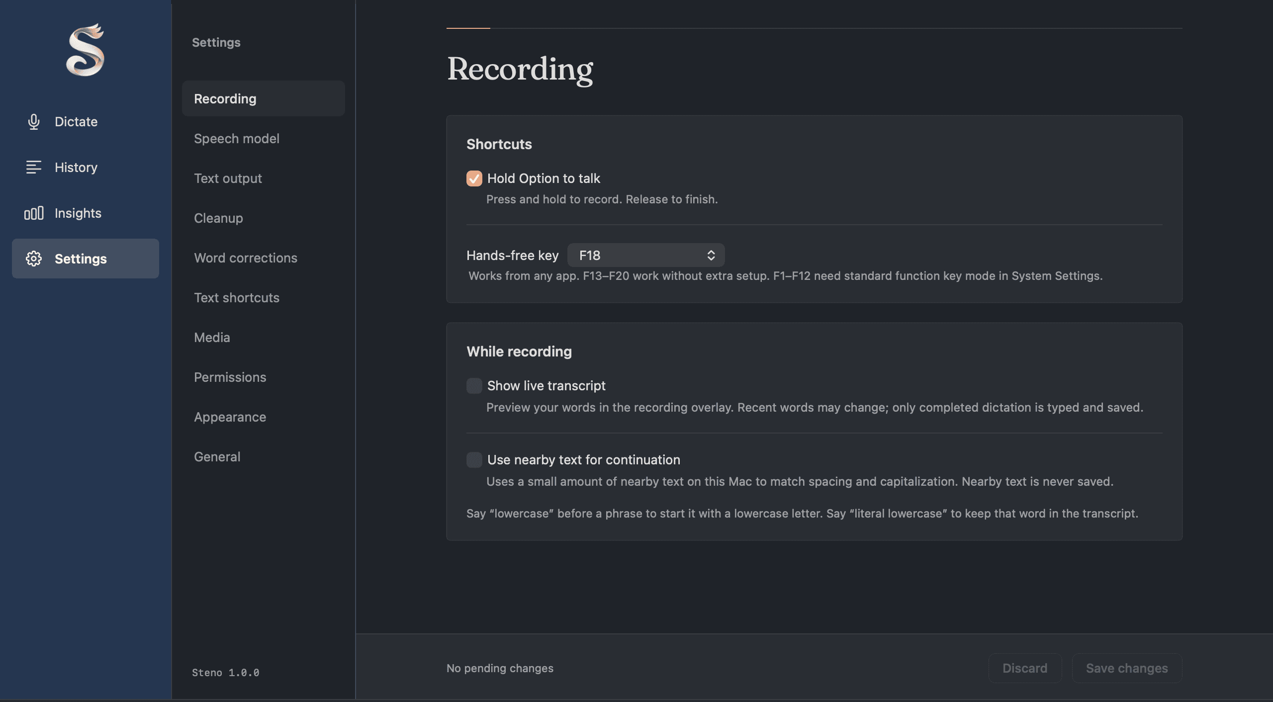 Steno’s Settings view, Recording section, showing hold-to-talk, the hands-free key, and Save changes controls.